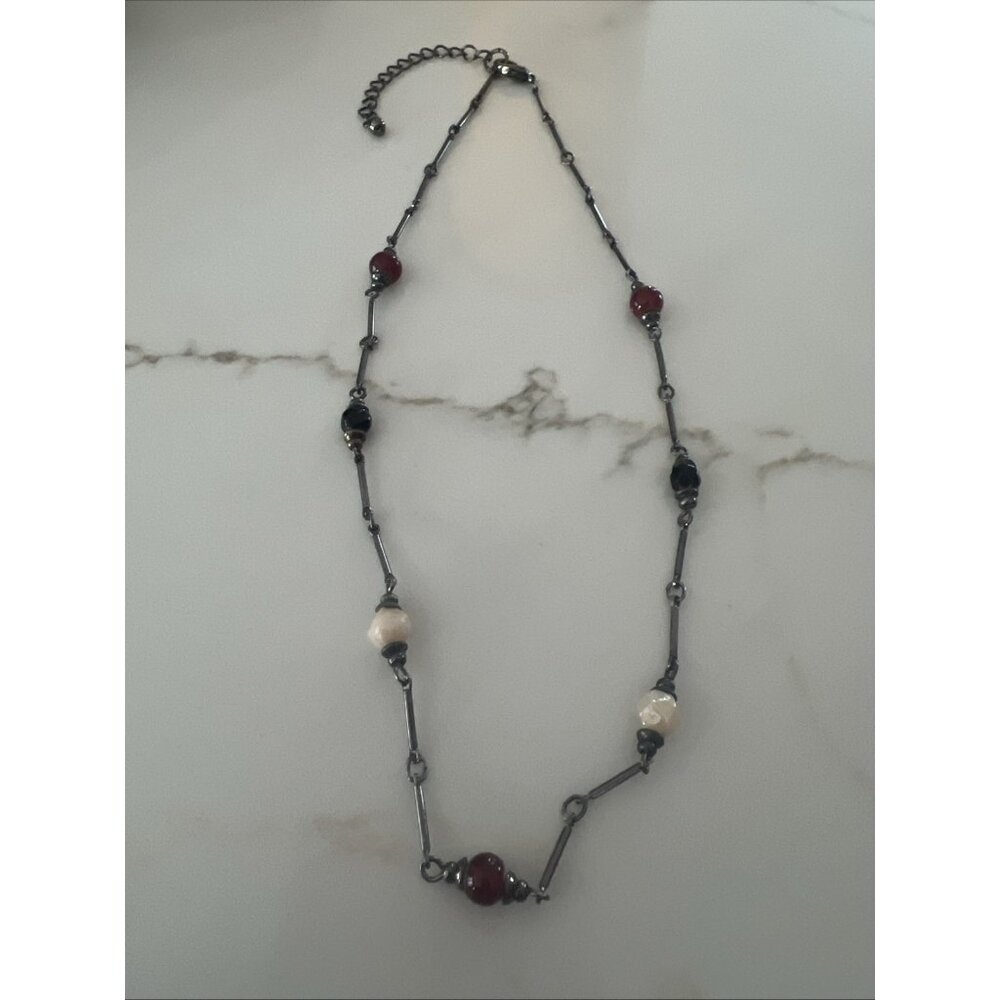 Designer Fringe Necklace Gun‎ Metal Tone Red White Black Glass Beads Chain